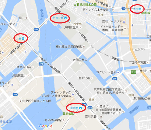 越中島周辺の地図　画像出典：グーグルマップ